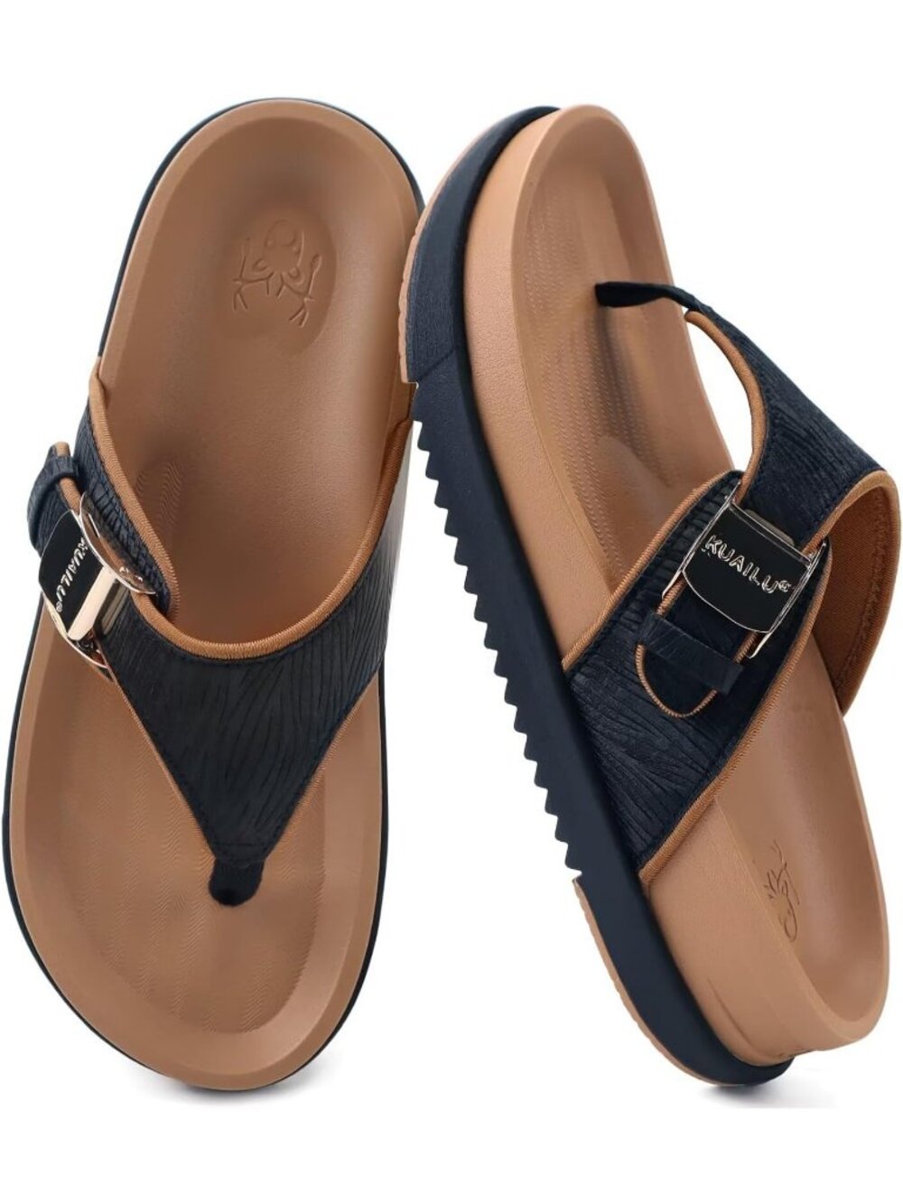 Women's Black Khaki Faux Leather Summer Flip Flops Walking Beach Cushion Sandals